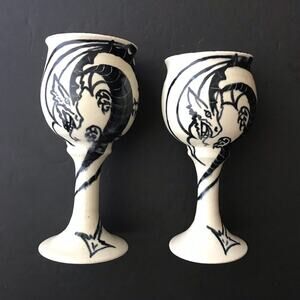 Vintage Oversized Ceramic Dragon Goblets, Signed by Artist, Navy and White